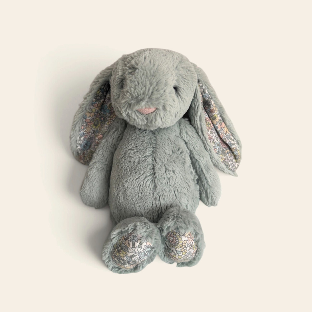Blossom Sage Bunny BL3SG: a sage green plush bunny with silvery floral inner ears and feet, sitting