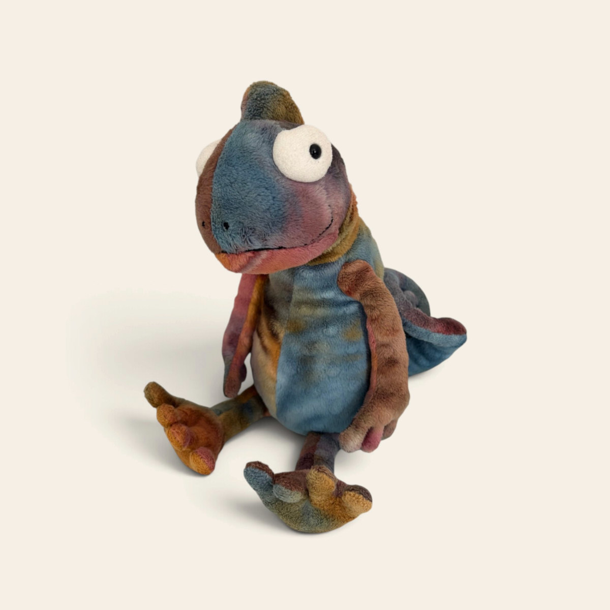 Colin Chameleon CH3C: a plush chameleon in mottled teal, rust and blue with big round eyes, a curled tail and orange feet