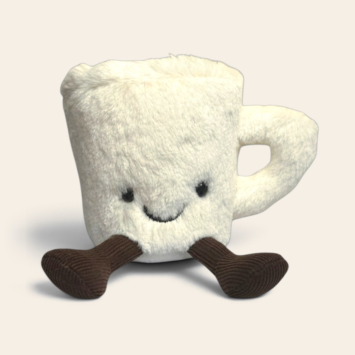 Amuseables Espresso Cup A6EC: a white fuzzy plush coffee cup toy with a face and brown corduroy legs