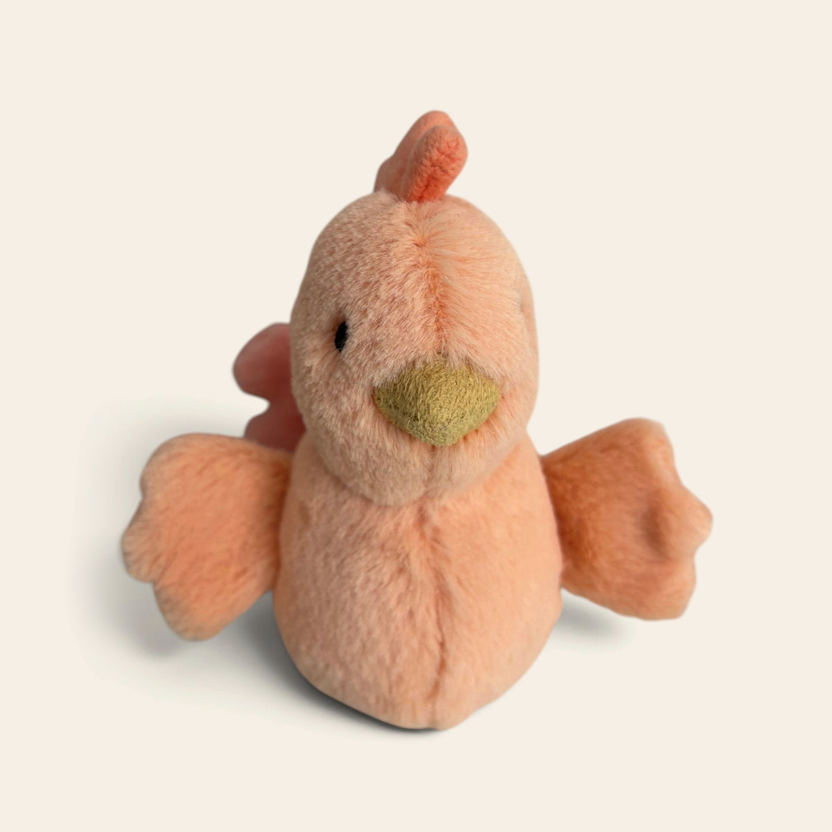 Fluffy Chicken F6CH: a round peach-orange fluffy plush chicken with a red comb, a green beak and soft wings