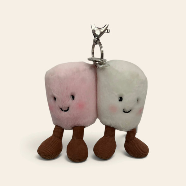 Amuseables Pair of Marshmallows Bag Charm: two joined plush marshmallows, one pink and one white, with smiling faces, brown corduroy legs and a metal clip
