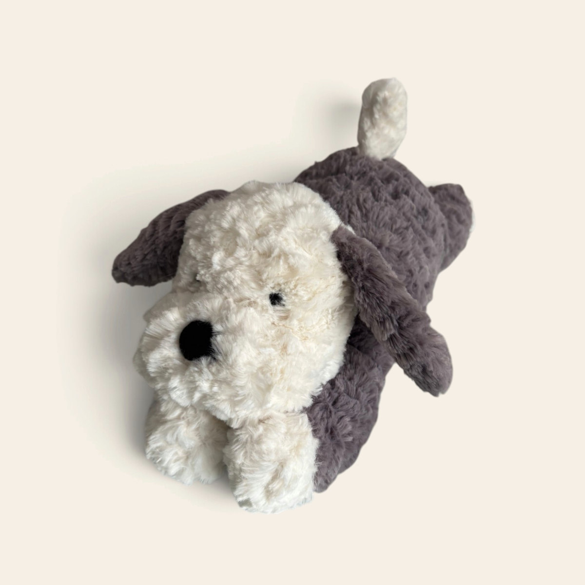 Tumblie Sheep Dog TM6SD: a floppy plush sheepdog lying down, with a fluffy white head, a black nose and a soft grey body